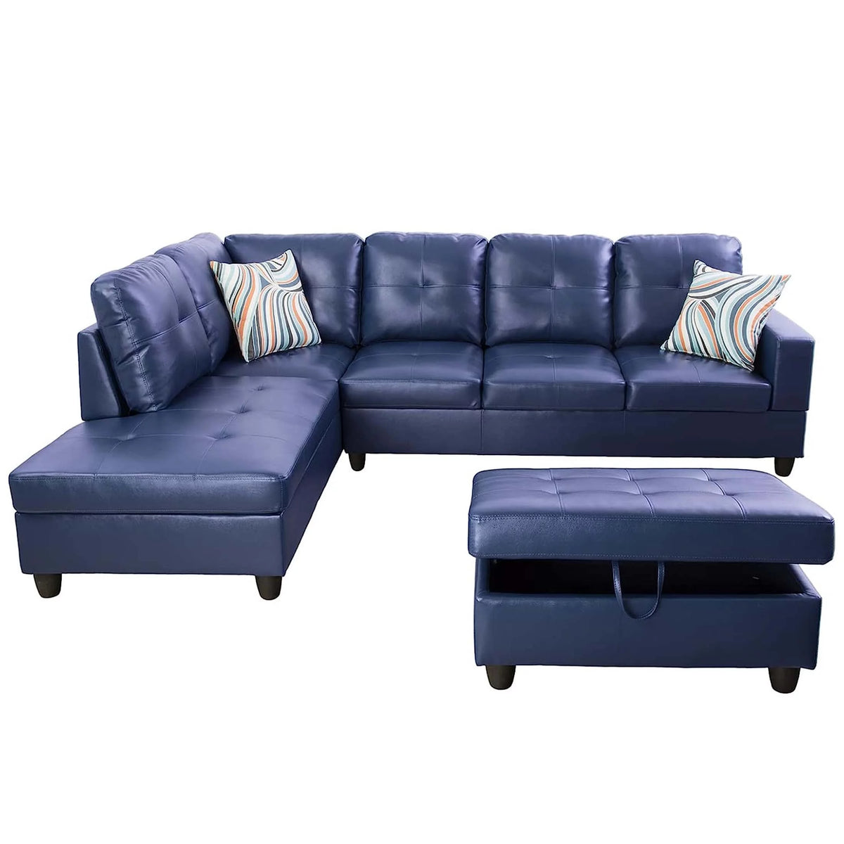 Blue PU Leather L-Shaped Sectional Sofa with Storage Ottoman B32724