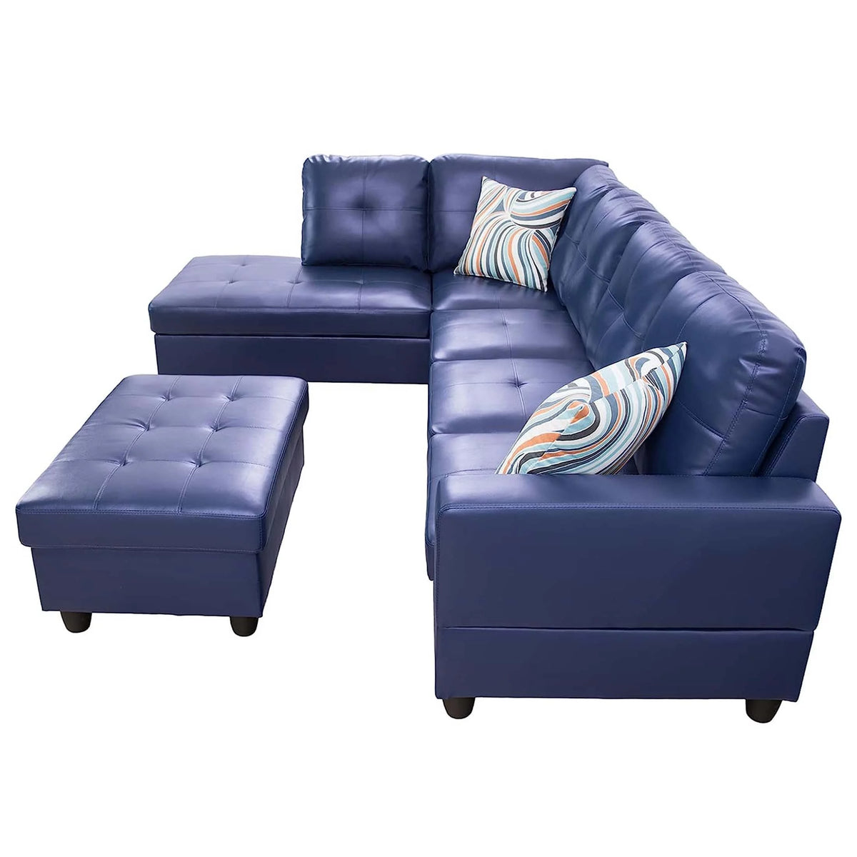 Blue PU Leather L-Shaped Sectional Sofa with Storage Ottoman B32724