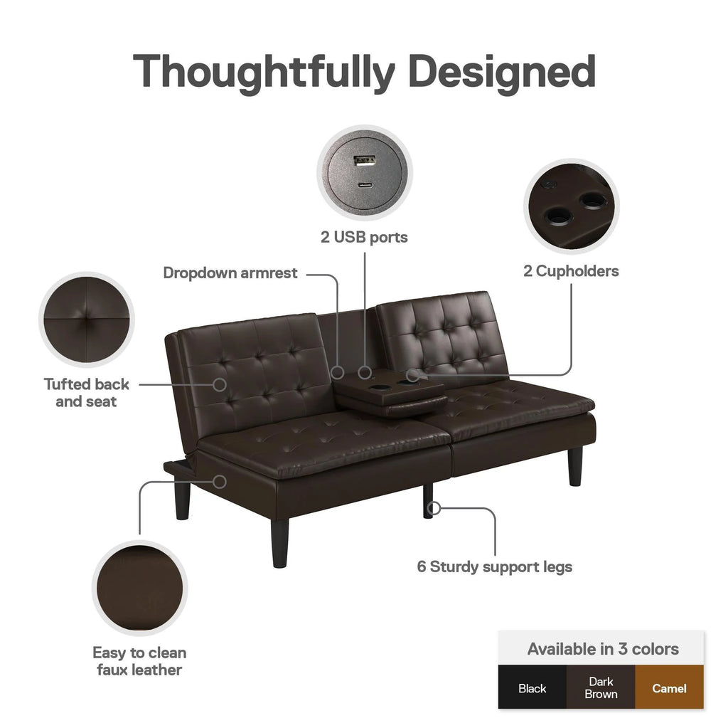 Memory Foam Futon with Cupholder and USB, Camel Faux Leather T805