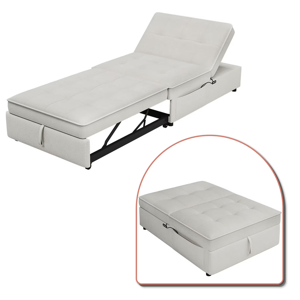 White Linen Fabric Convertible Chair with Charging Station and Side Pocket S37339