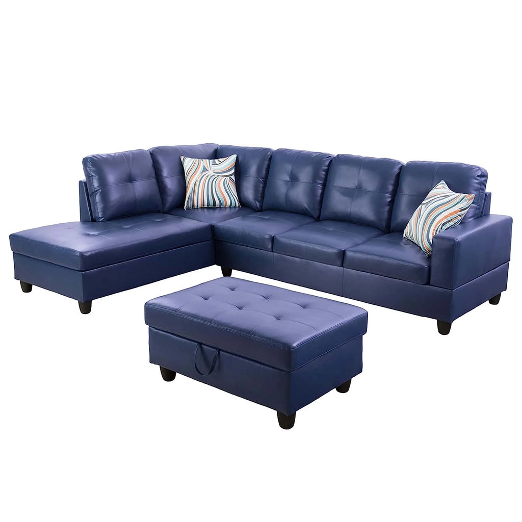 Blue PU Leather L-Shaped Sectional Sofa with Storage Ottoman B32724
