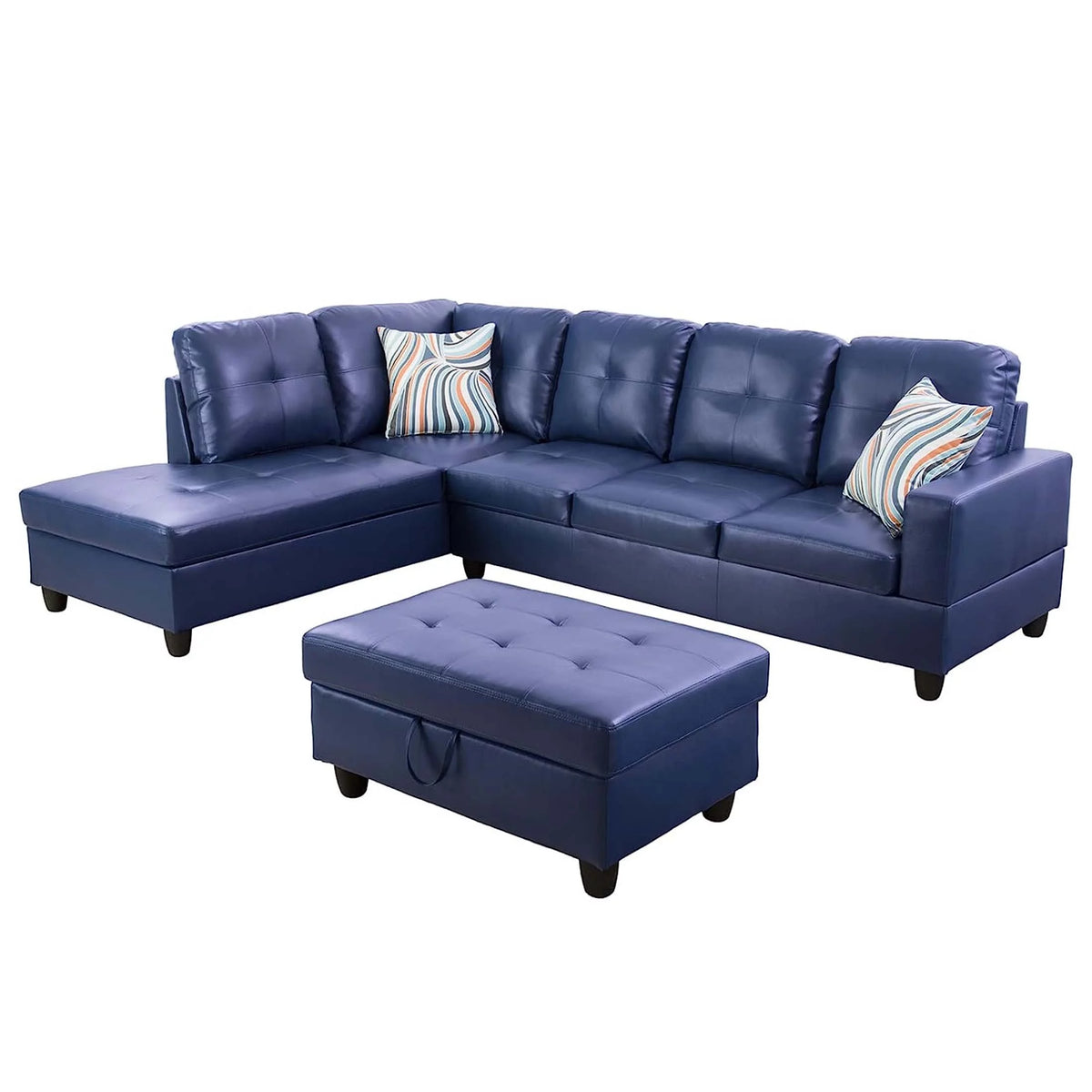 Blue PU Leather L-Shaped Sectional Sofa with Storage Ottoman B32724