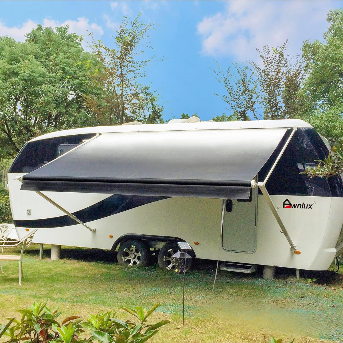 White Manual Modular Retractable RV Awning Full Set Assemblies, 10x8 Ft, Black Strip G51883